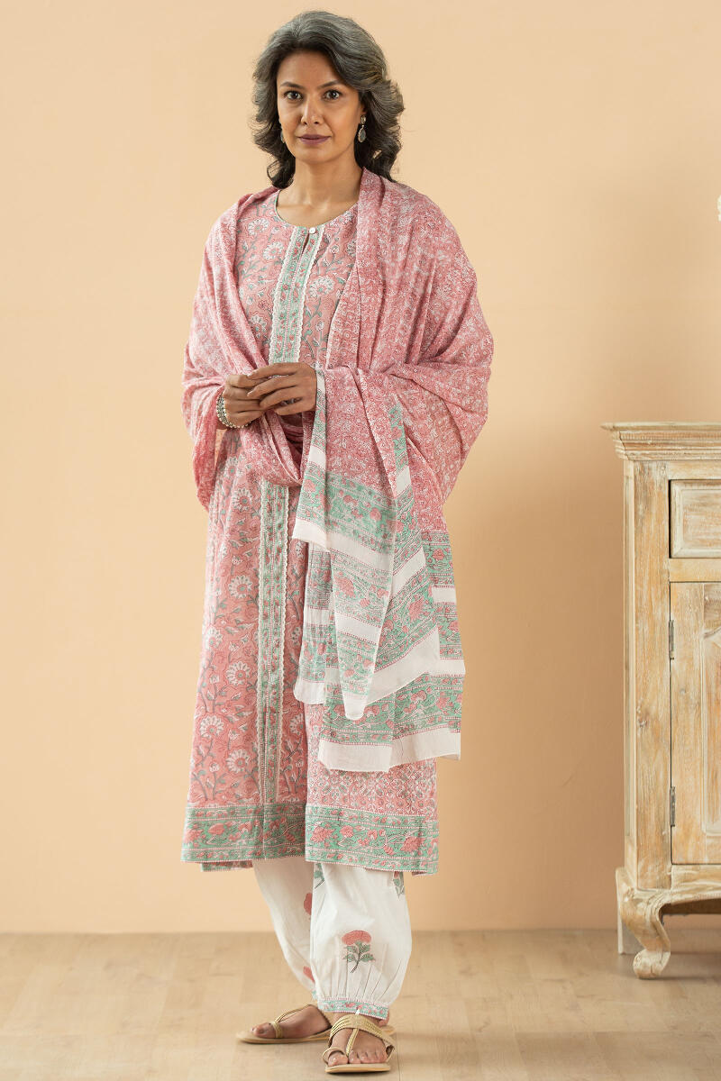 Pink Block Printed Cotton Dupatta