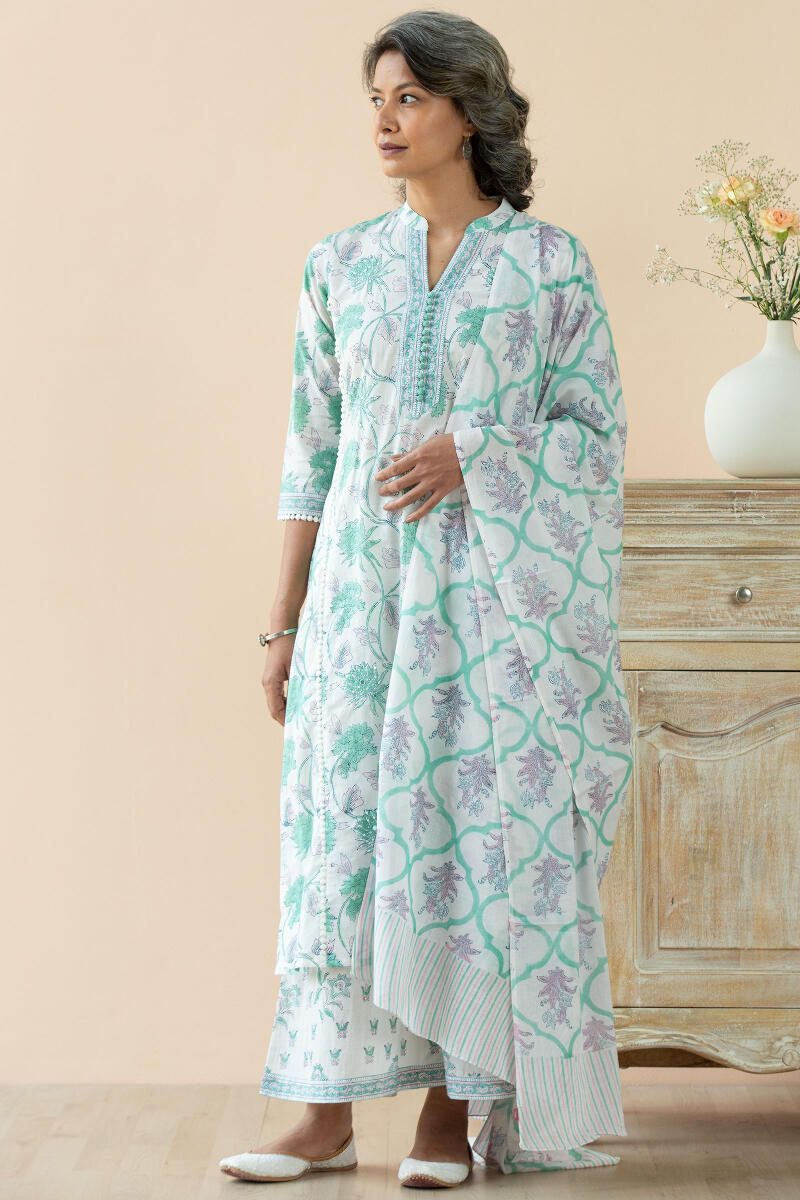 White Block Printed Cotton Dupatta