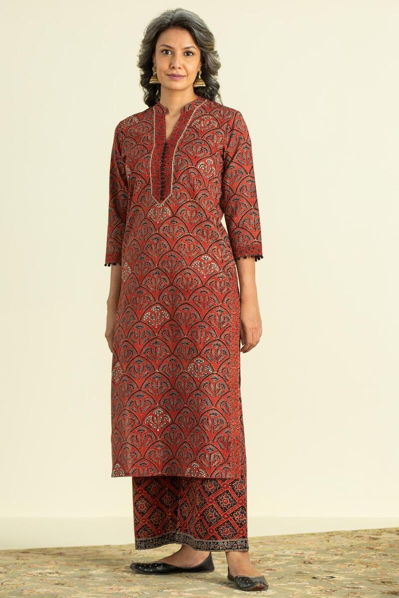 Red Block Printed Straight Cotton Kurta