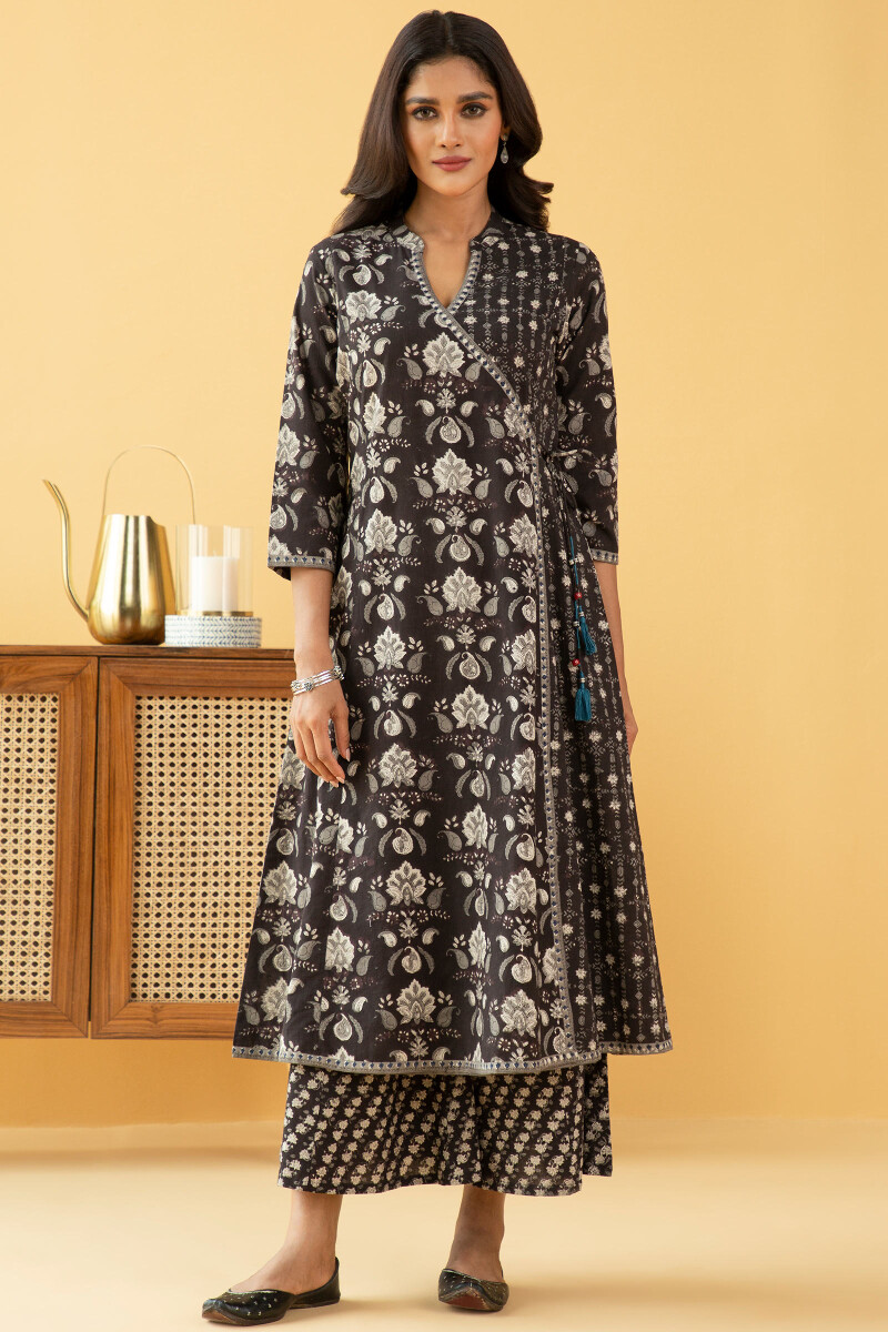 Black Block Printed Angrakha Cotton Kurta