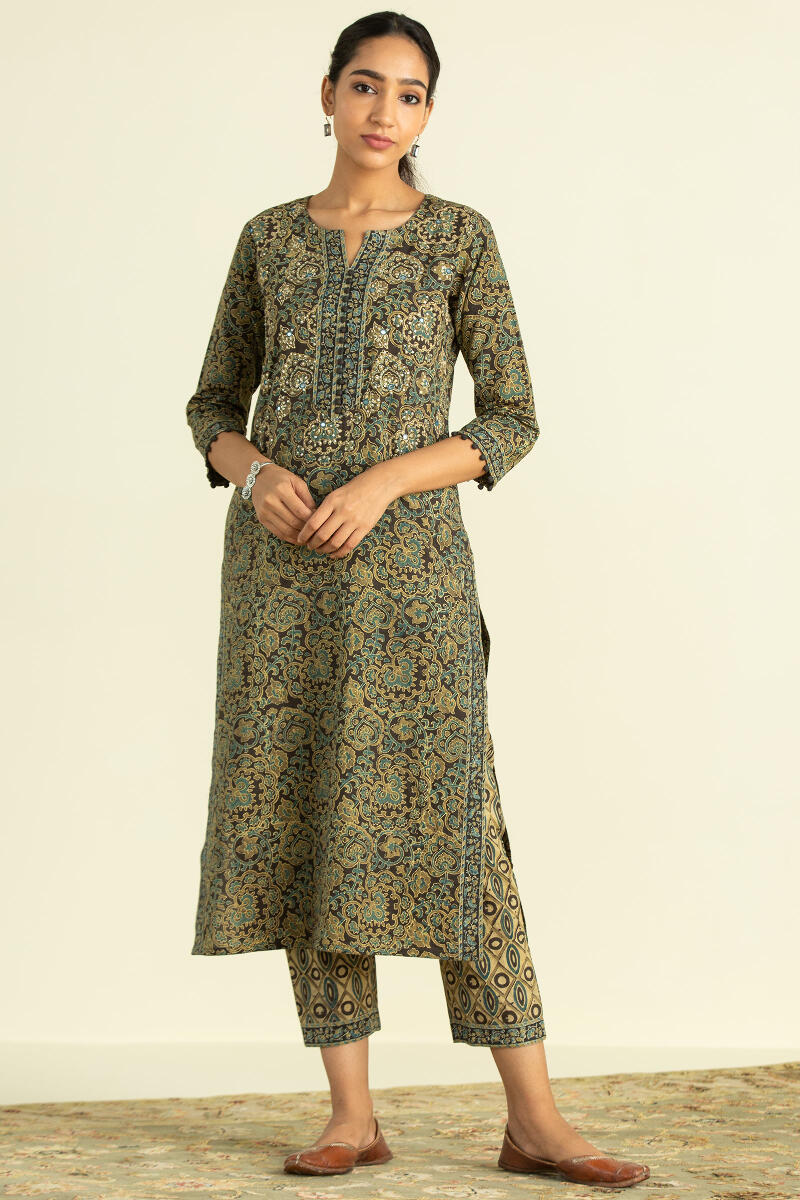 Mustard Block Printed Straight Cotton Kurta