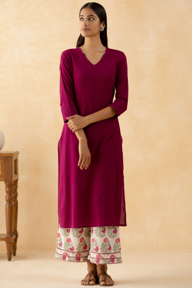 Purple Block Printed Straight Modal Kurta