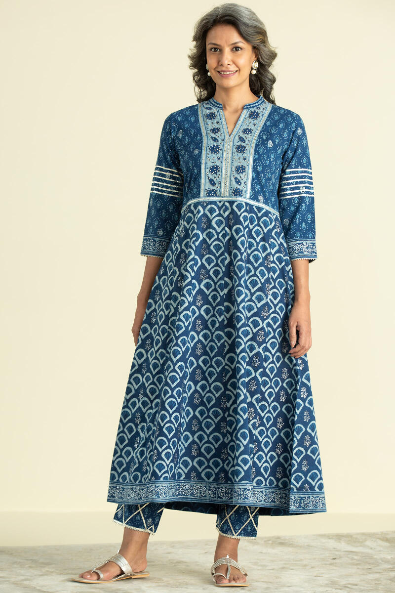 Indigo Block Printed A-Line Cotton Kurta