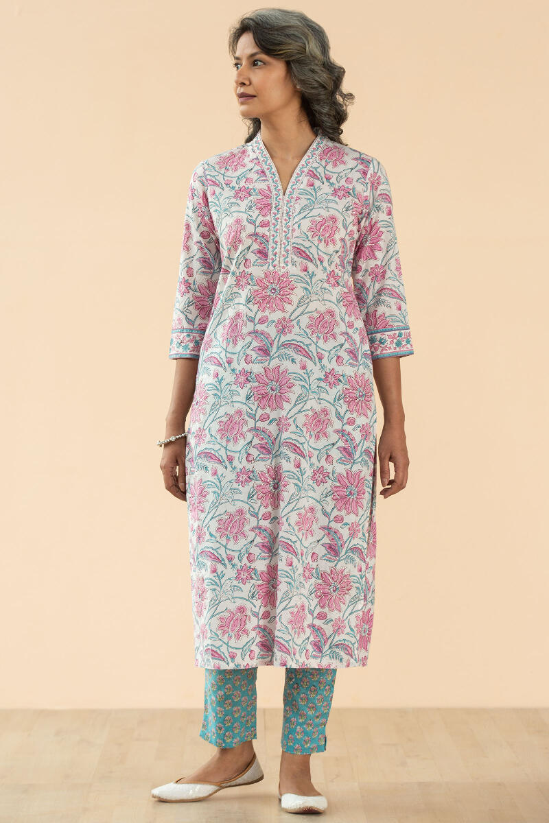 Pink Block Printed Straight Cotton Kurta