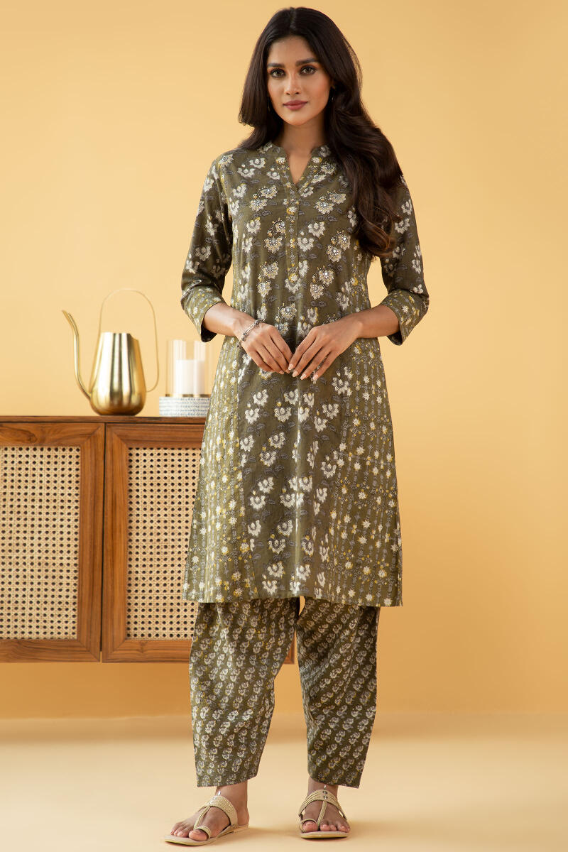 Brown Block Printed A-Line Cotton Kurta