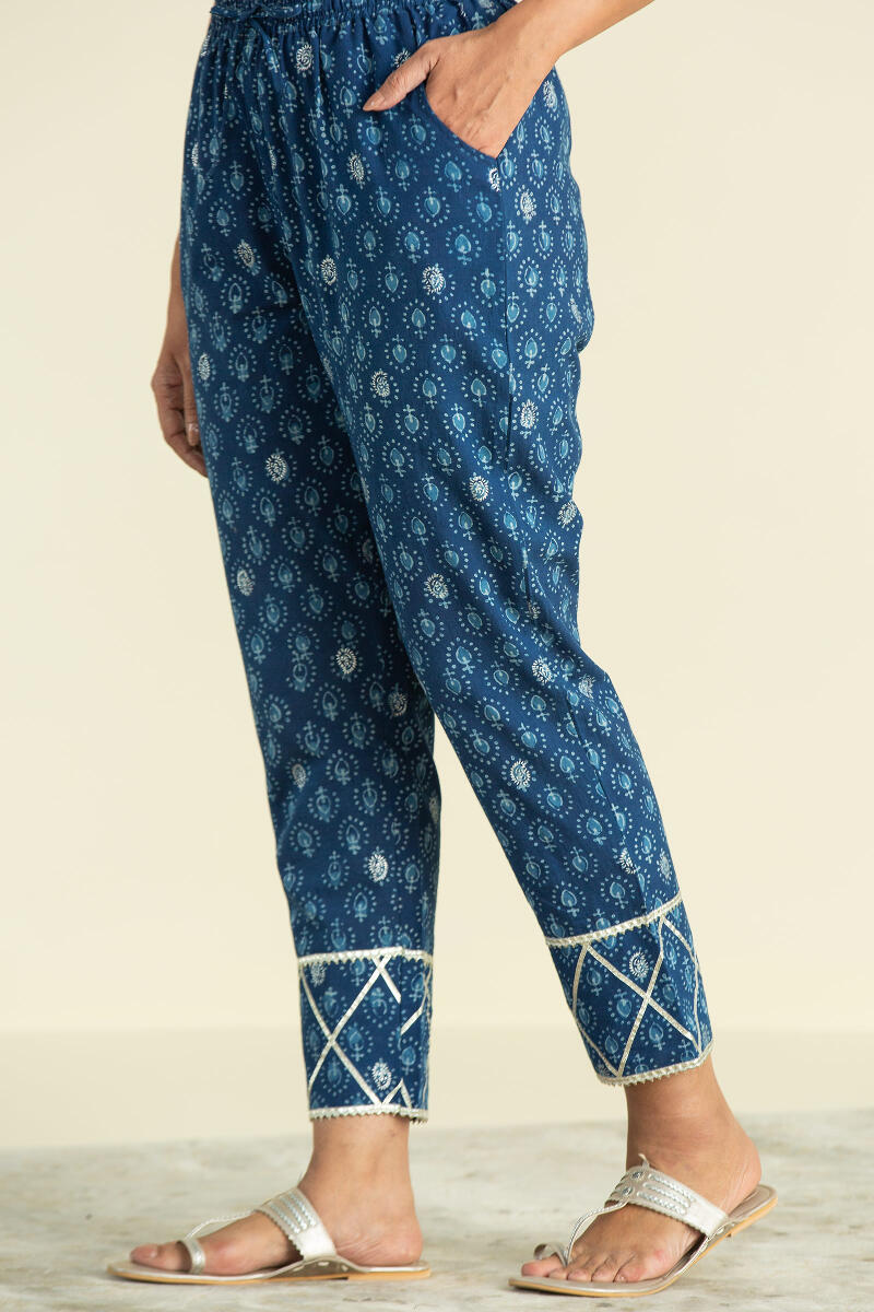 Indigo Block Printed Cotton Narrow Pants