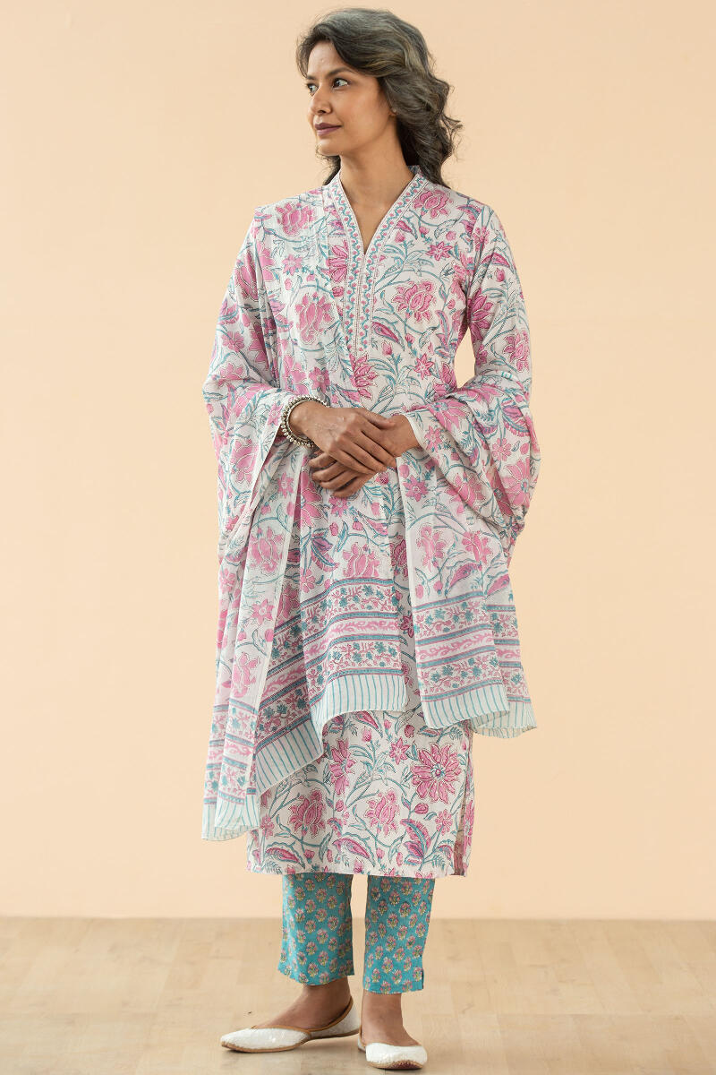 Pink Block Printed Cotton Dupatta