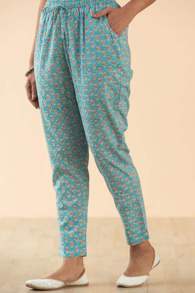 Turquoise Block Printed Cotton Pants