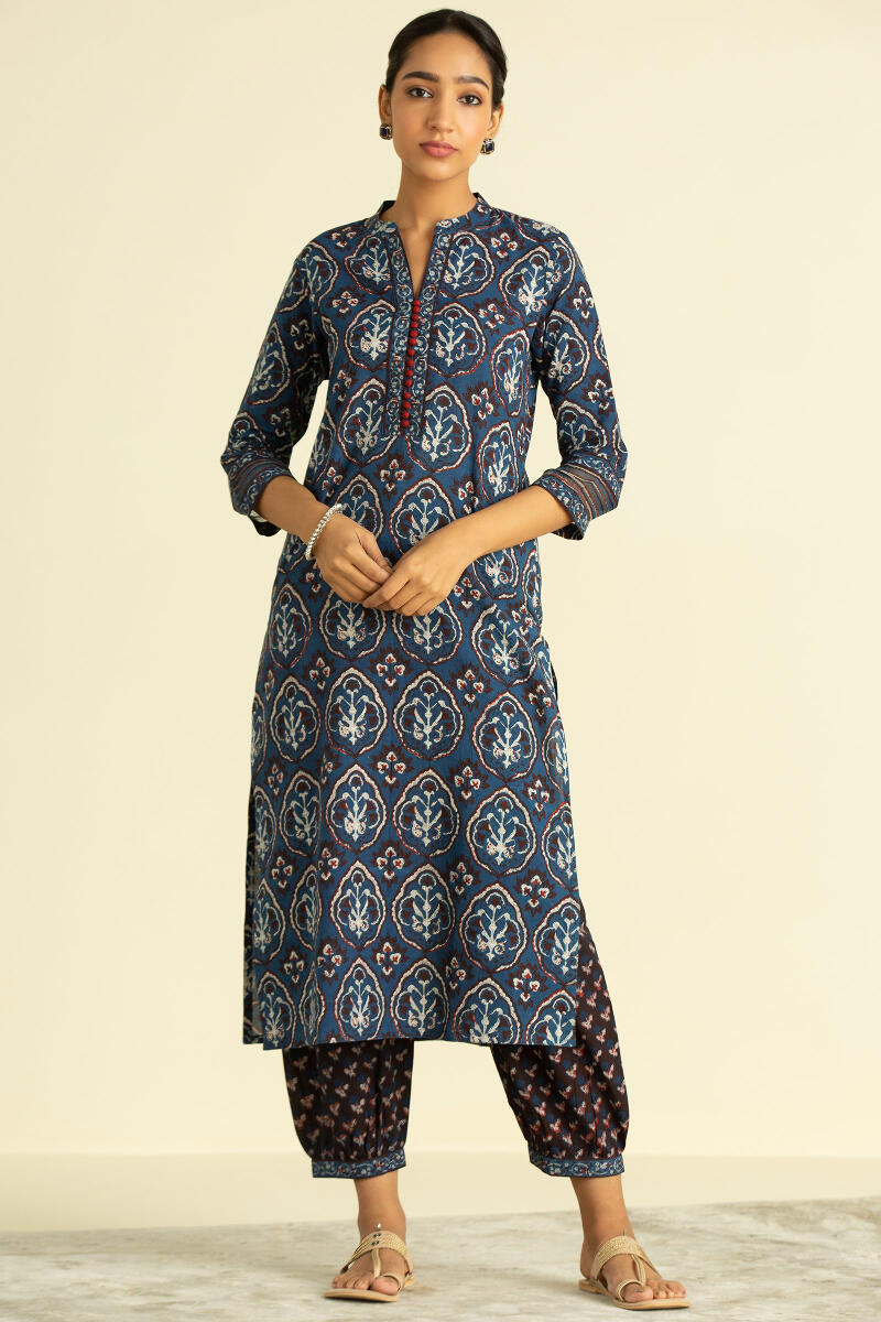 Indigo Block Printed Straight Cotton Kurta