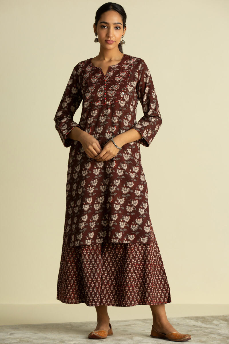 Maroon Block Printed Straight Cotton Kurta