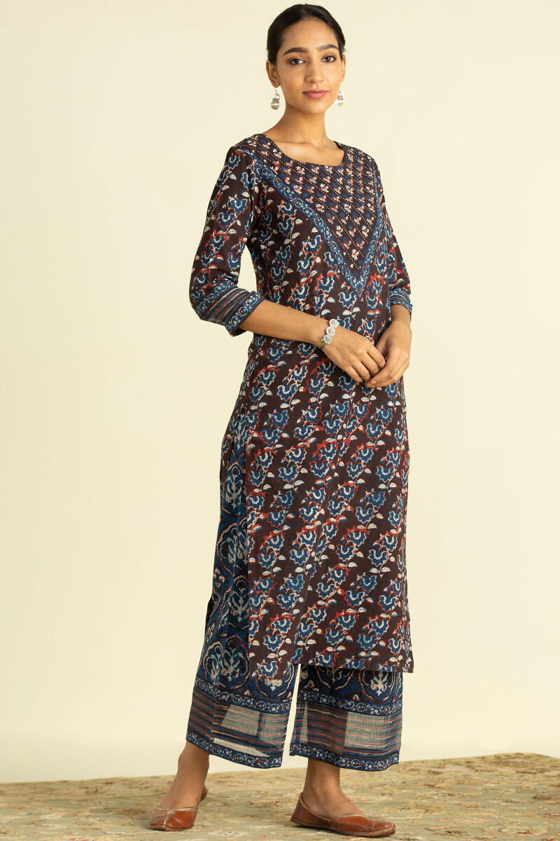 Maroon Block Printed Straight Cotton Kurta