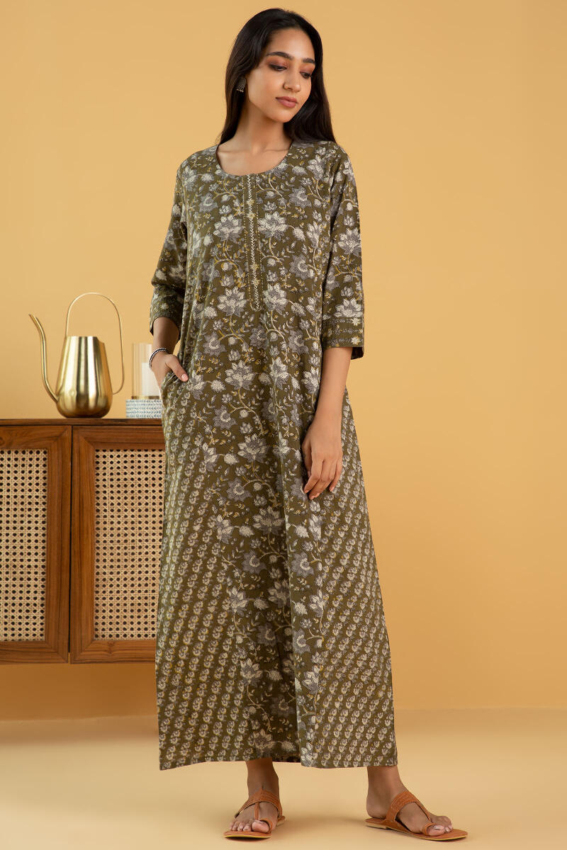 Green Block Printed Cotton Kaftan