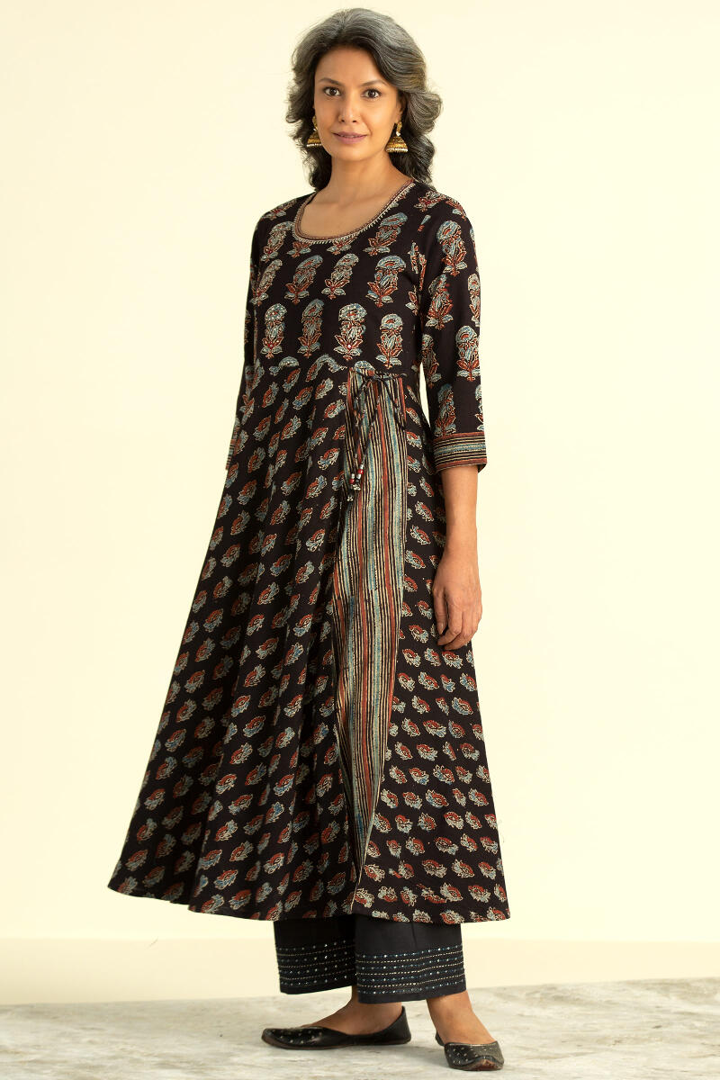 Black Block Printed A-Line Cotton Kurta