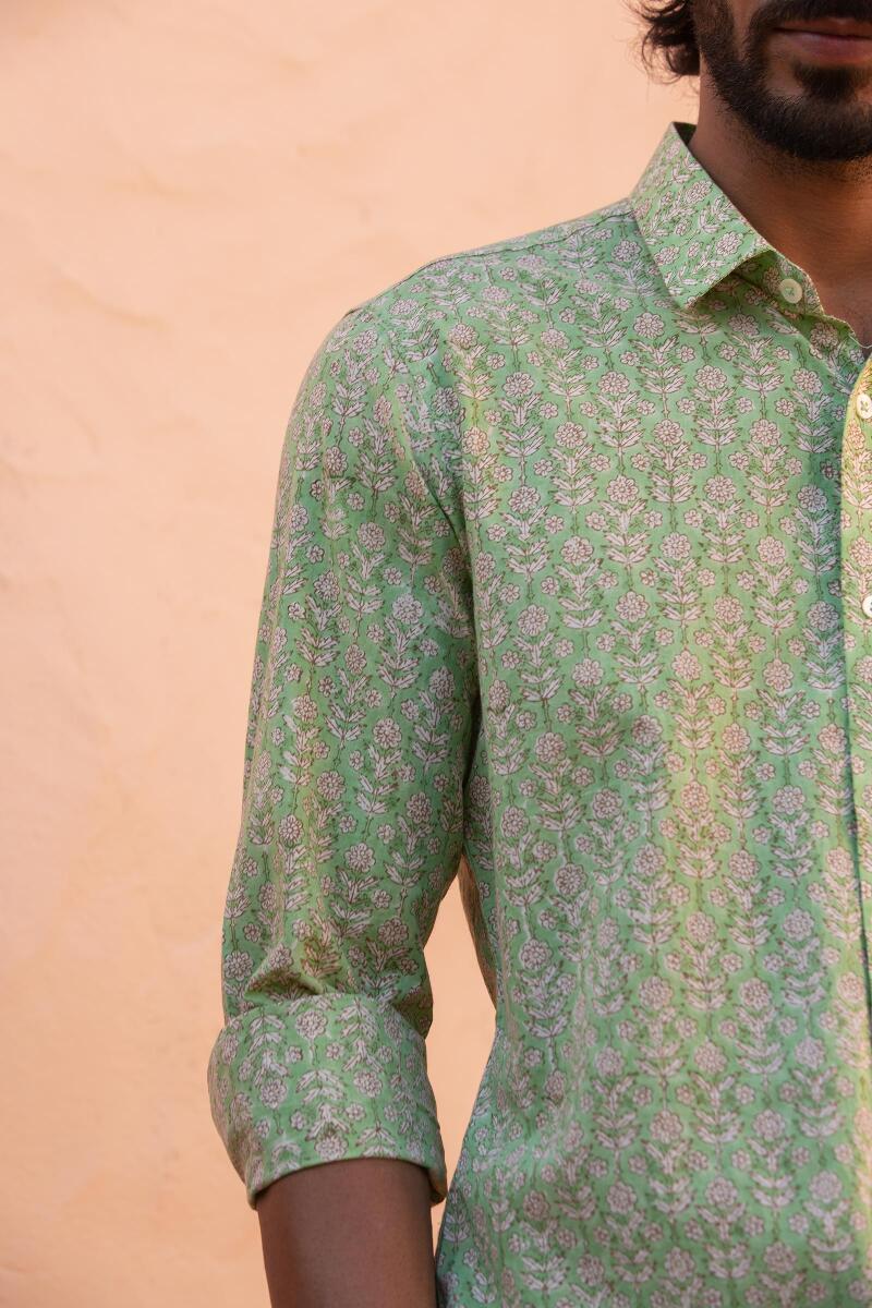 Green Block Printed Cotton Shirt