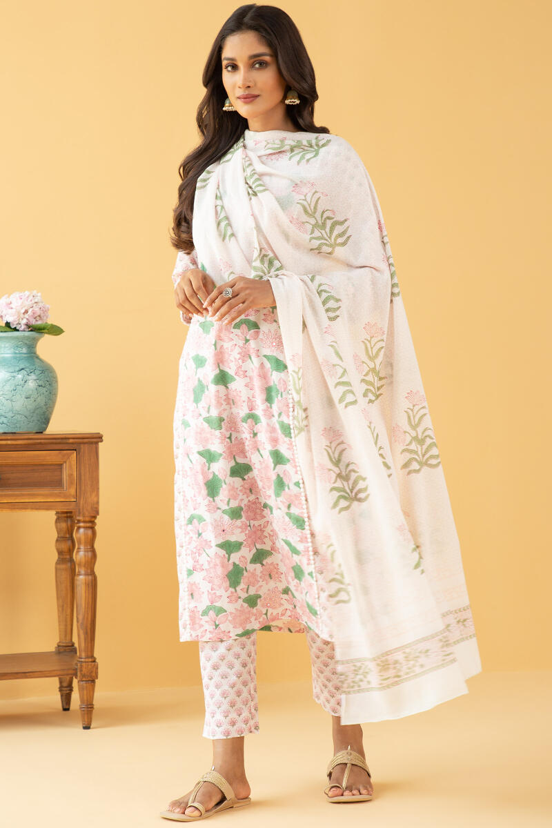 White Block Printed Cotton Dupatta