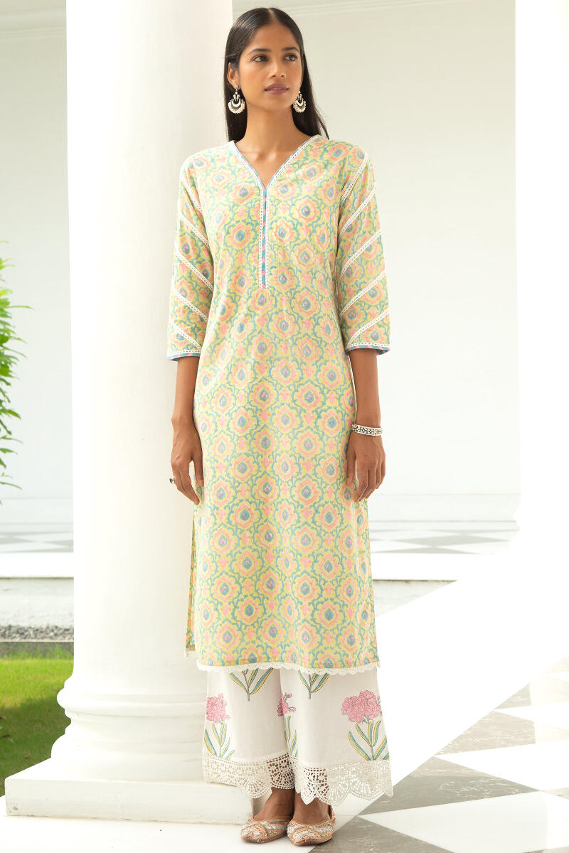 Green Block Printed Straight Cotton Kurta