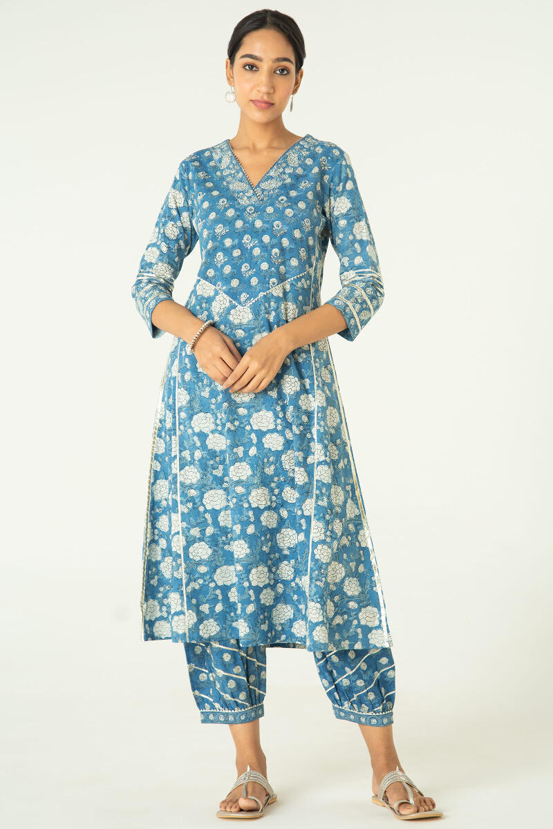 Indigo Block Printed A-Line Cotton Kurta