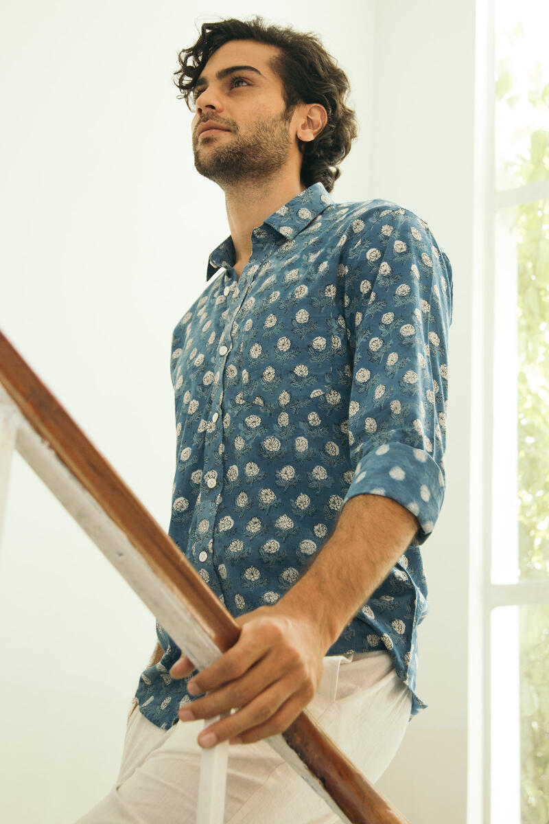 Indigo Block Printed Cotton Shirt