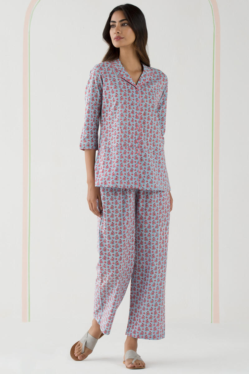 Blue Block Printed Cotton Pyjama Set