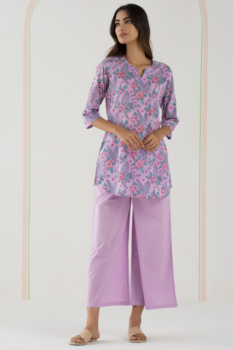 Purple Block Printed Cotton Pyjama Set