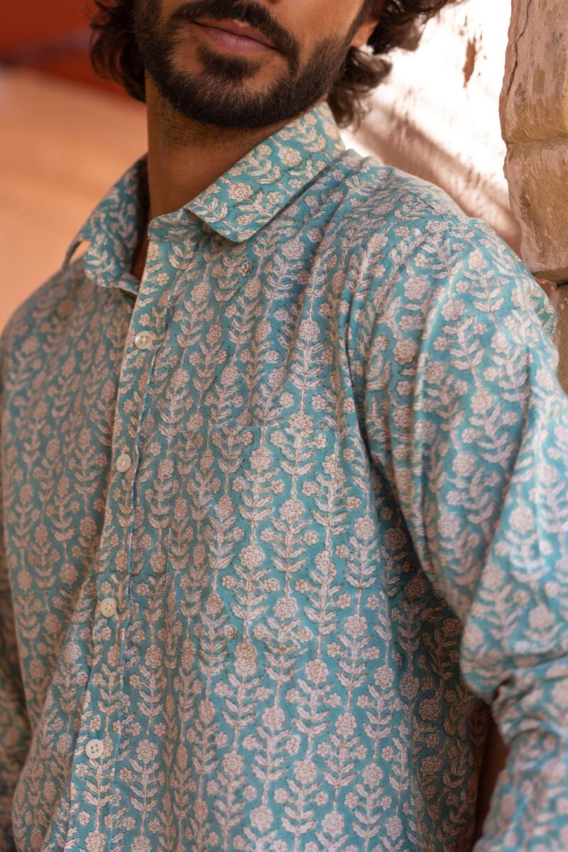 Blue Block Printed Cotton Shirt