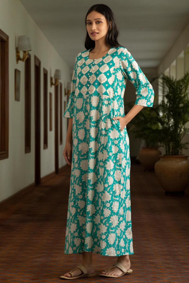 Turquoise Block Printed Cotton Kaftan