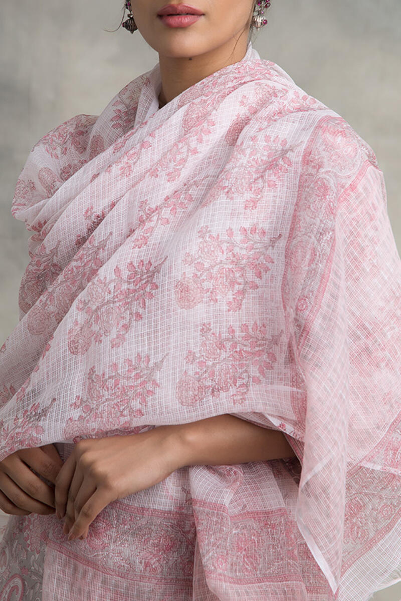 Pink Block Printed Kota Dupatta