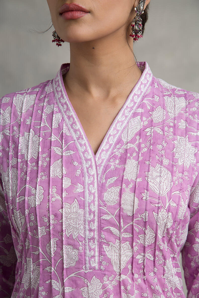 Pink Block Printed Straight Cotton Kurta