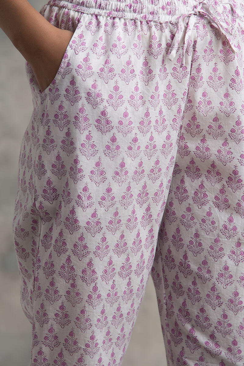 White Block Printed Cotton Narrow Pants