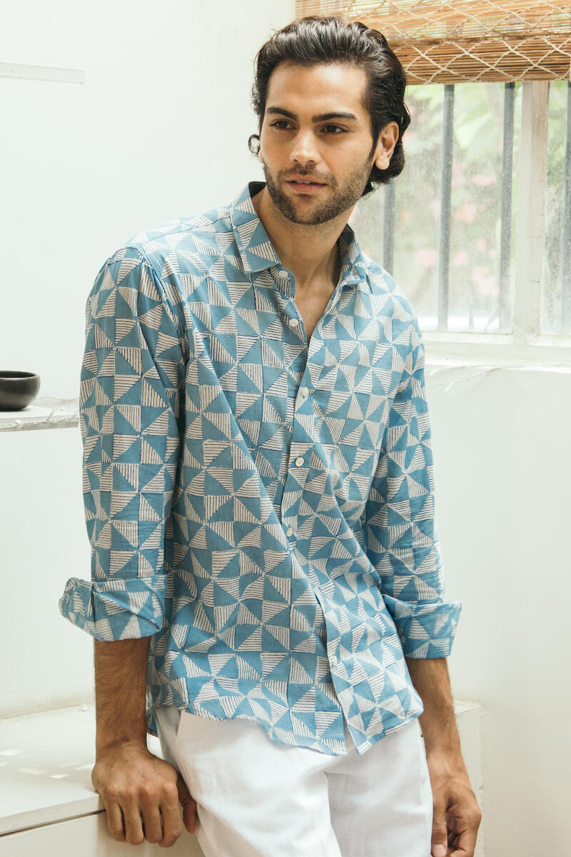 Indigo Block Printed Cotton Shirt