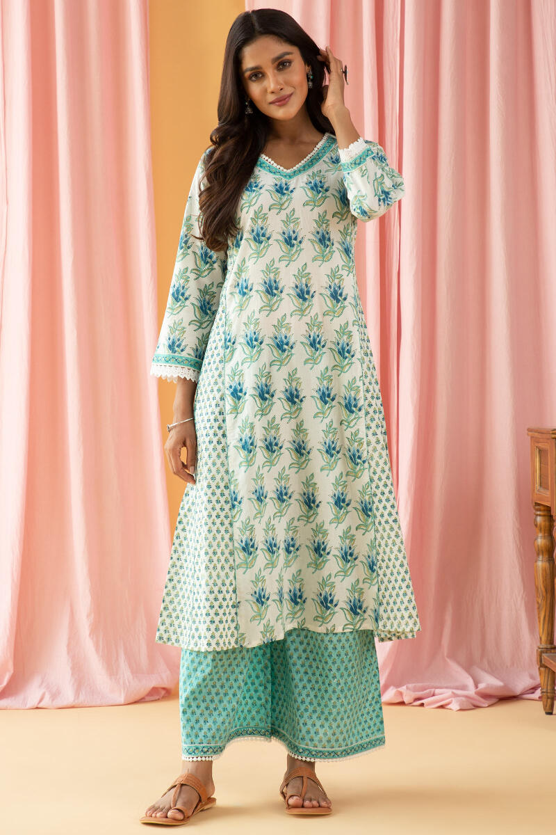 White Block Printed A-Line Cotton Kurta