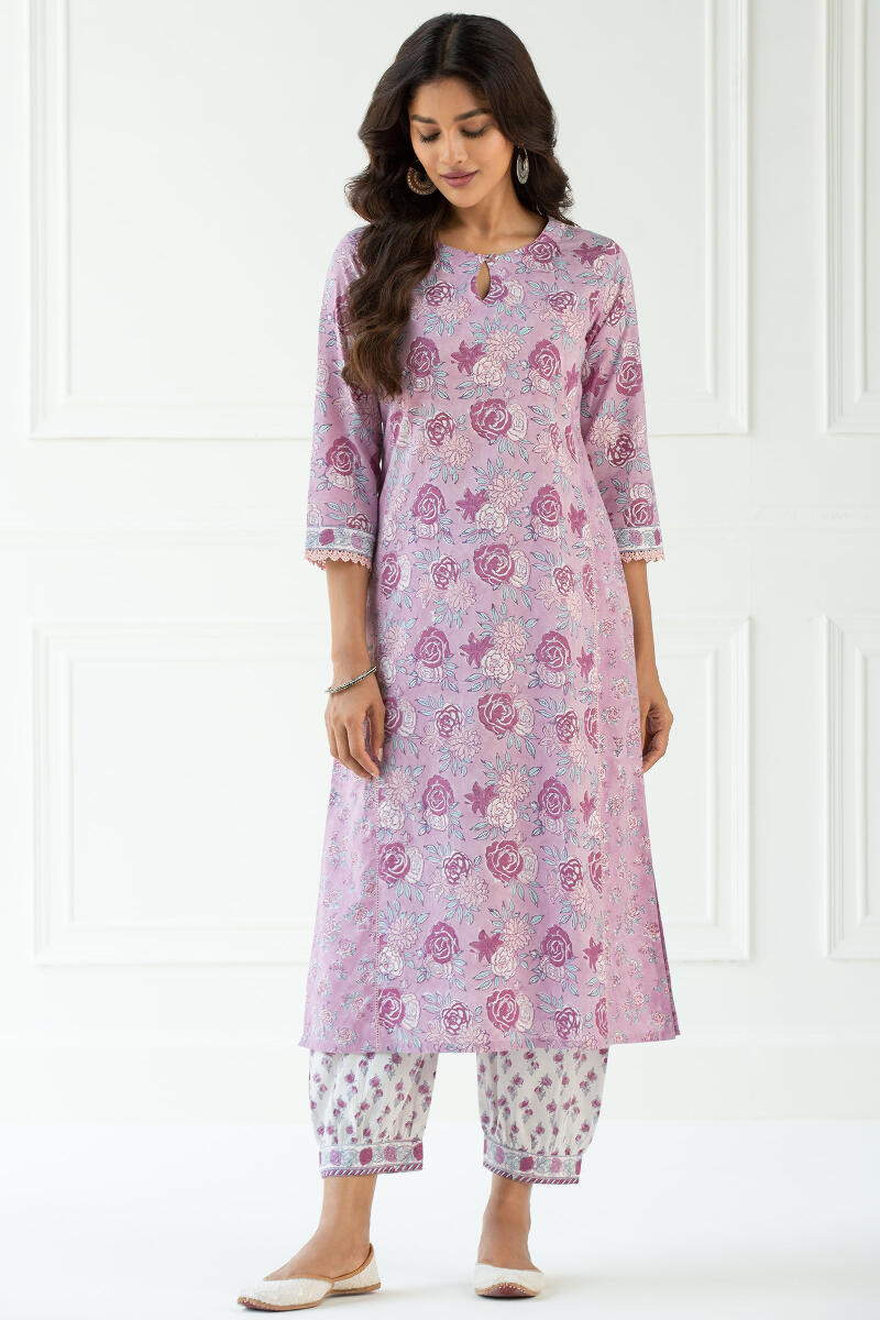 Purple Block Printed Straight Cotton Kurta