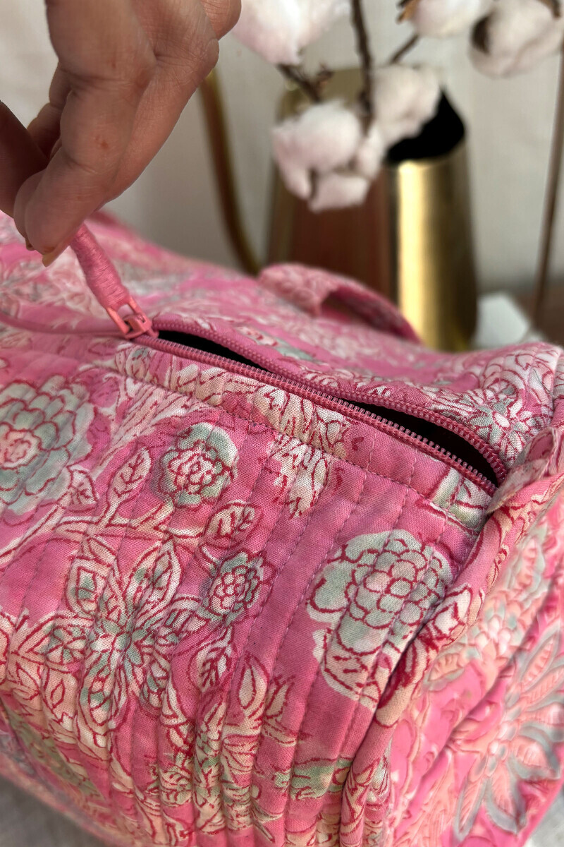 Pink Hand Block-Printed Cotton Duffel Bag