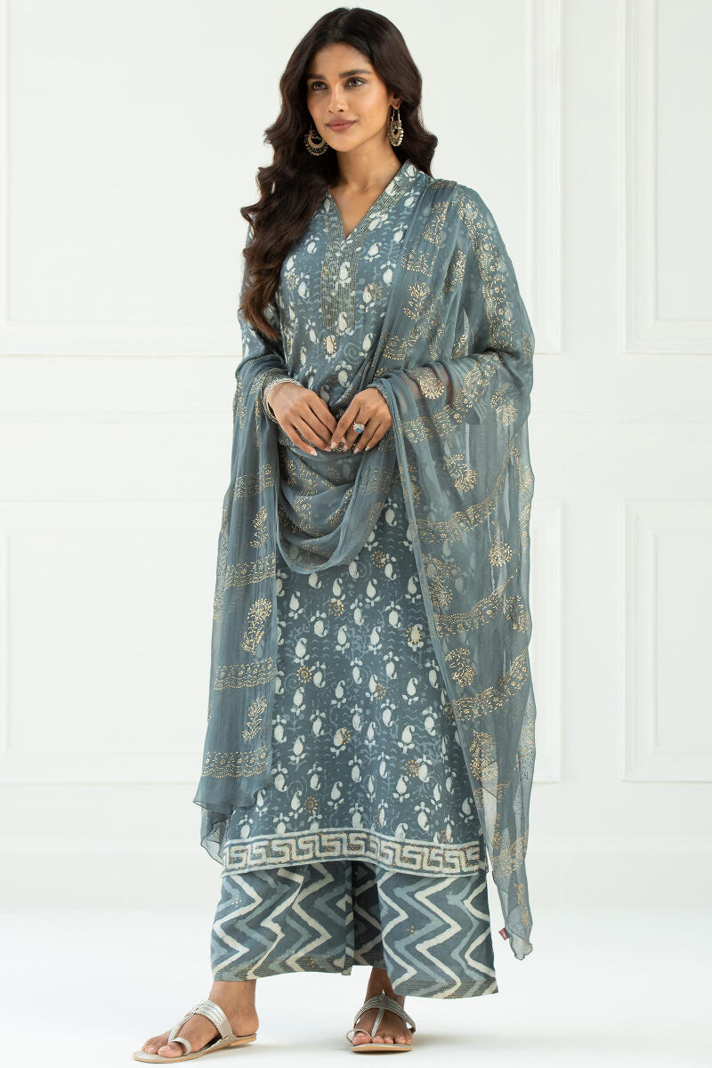 Grey Handcrafted Chiffon Dupatta