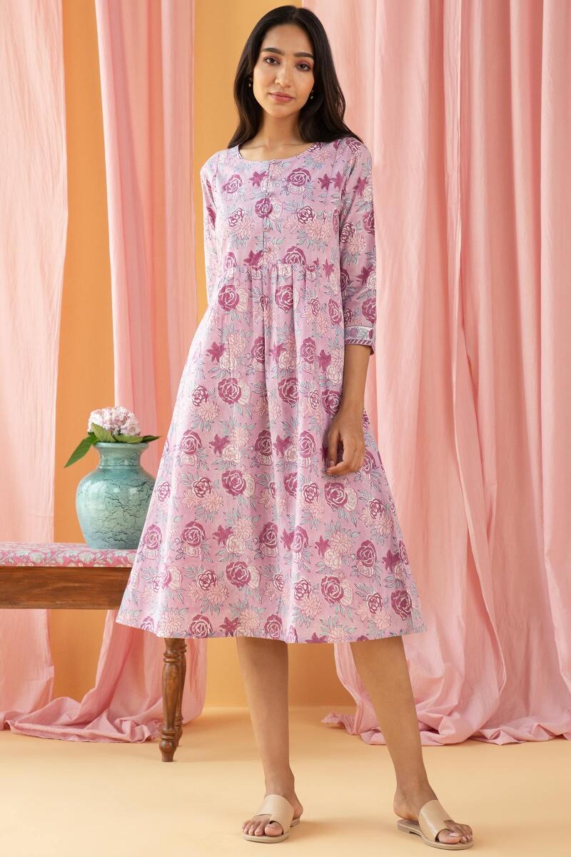 Purple Block Printed Cotton Dress