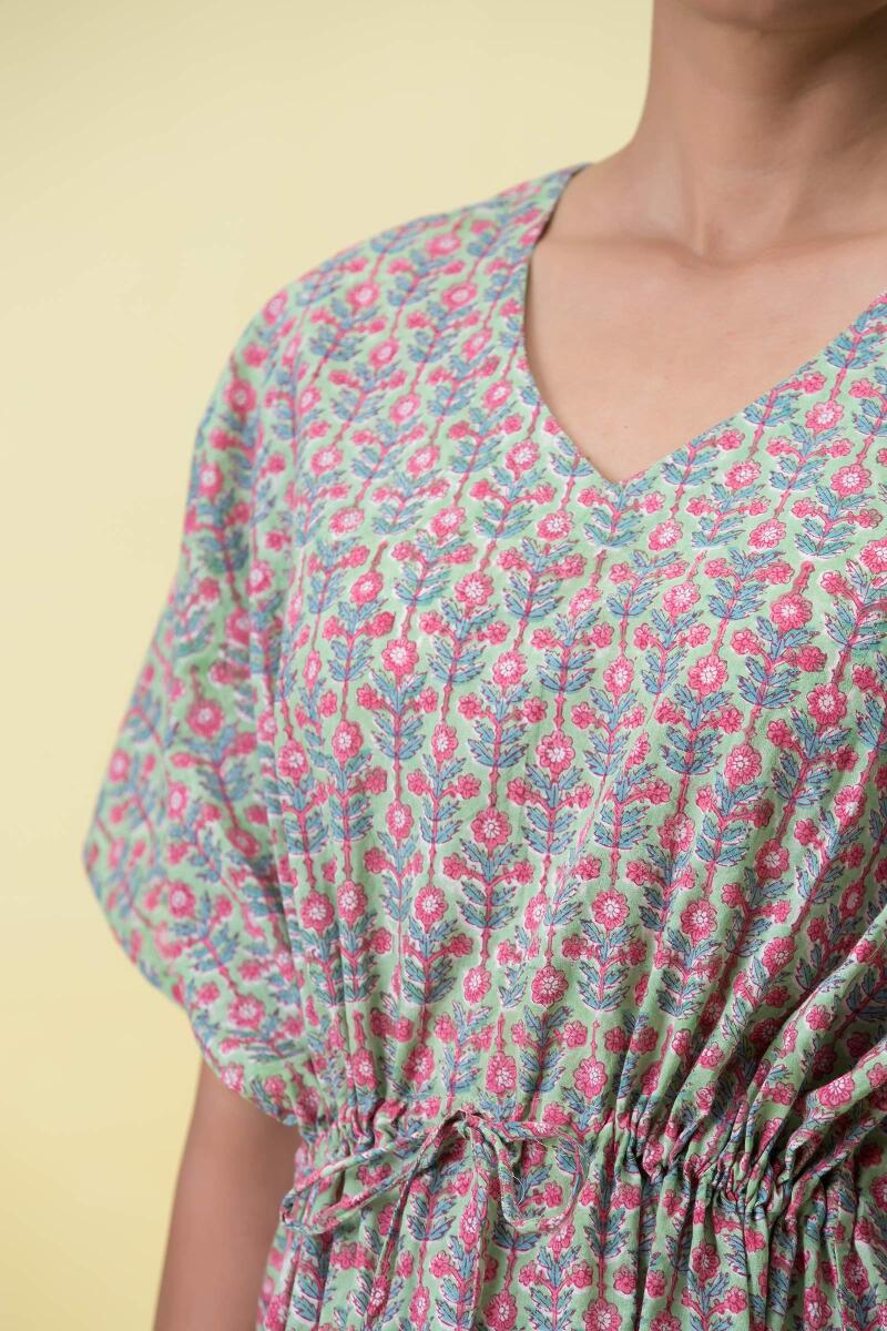 Green Block Printed Cotton Short Kaftan