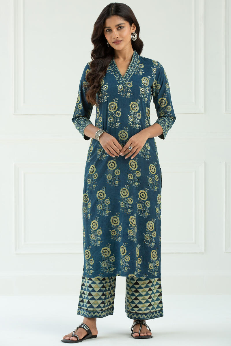 Blue Block Printed Straight Cotton Kurta