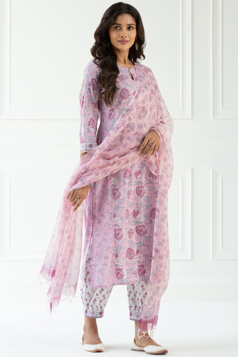 Pink Block Printed Kota Dupatta