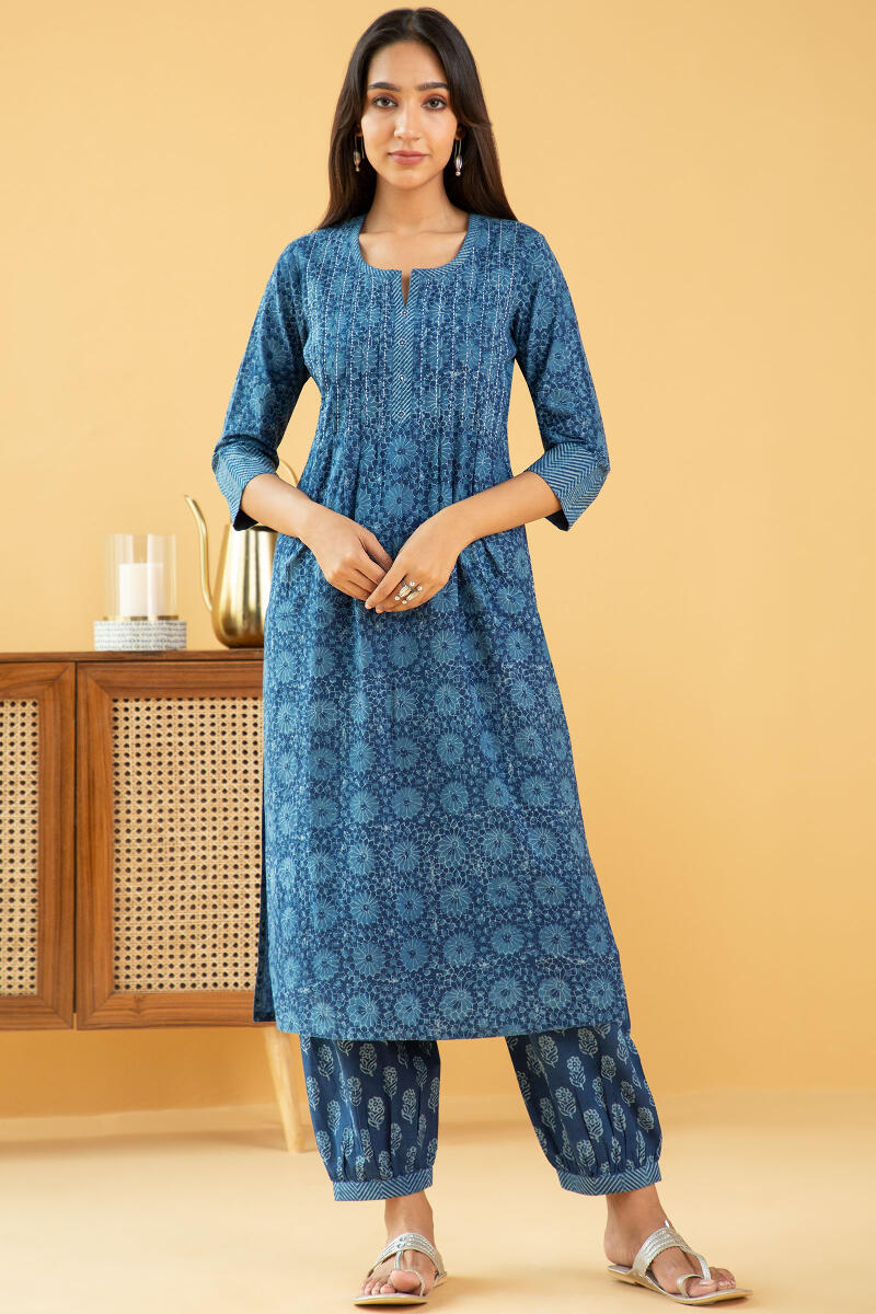 Indigo Block Printed Straight Cotton Kurta