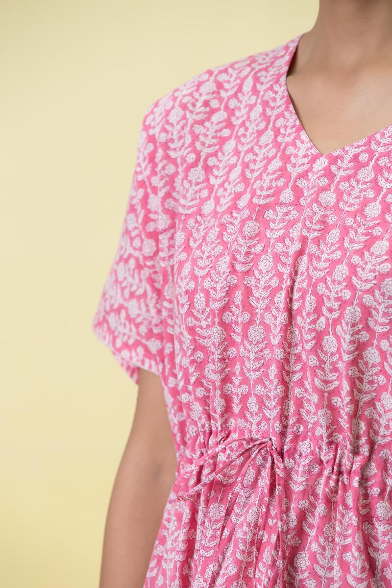 Pink Block Printed Cotton Short Kaftan