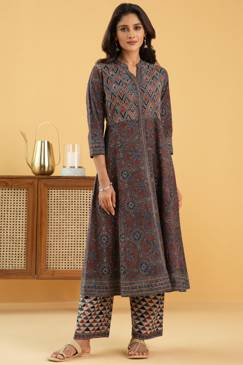 Indigo Block Printed A-Line Cotton Kurta