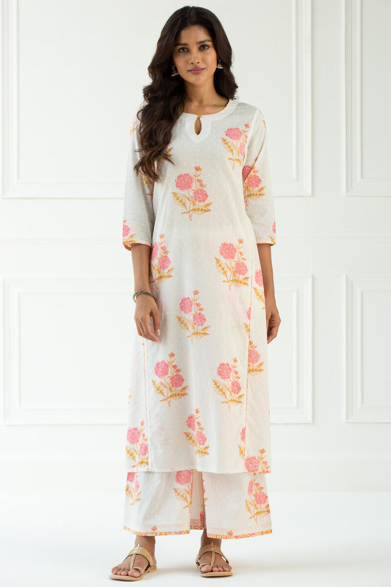 White Block Printed Straight Cotton Dobby Kurta