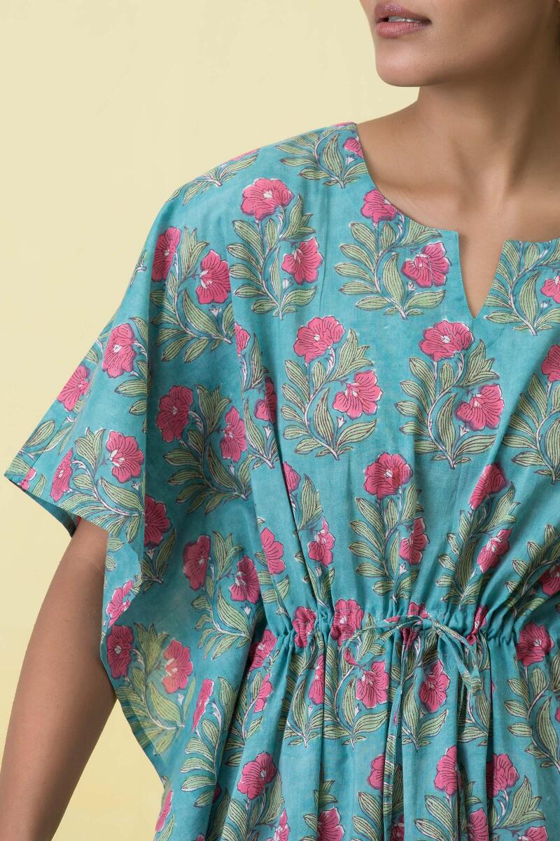 Blue Block Printed Cotton Kaftan