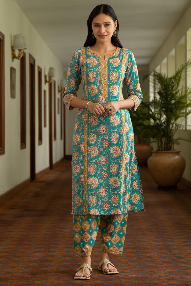 Turquoise Block Printed Straight Cotton Kurta