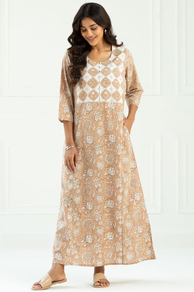 Brown Block Printed Cotton Kaftan