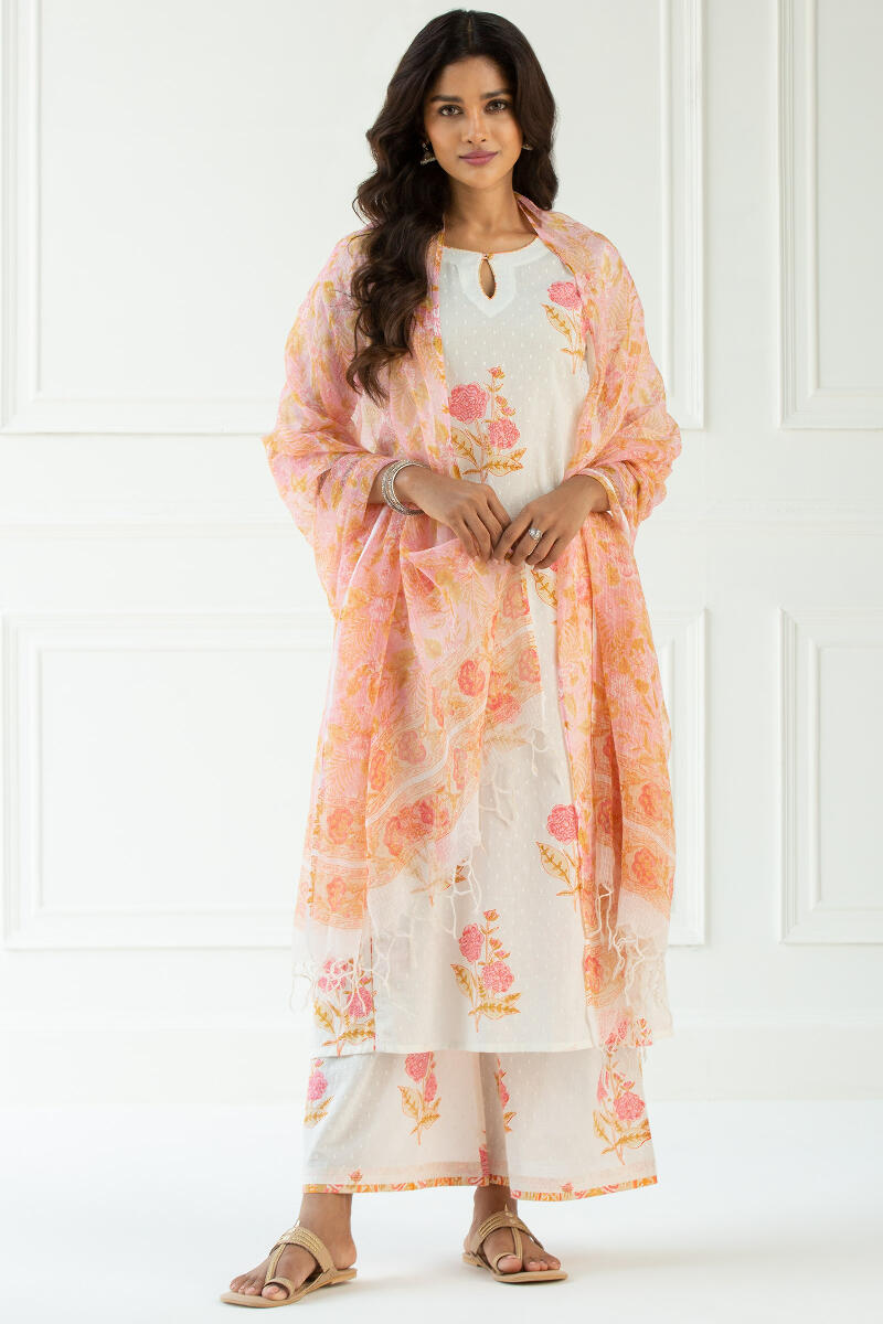 Orange Block Printed Kota Dupatta