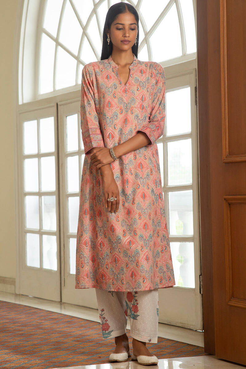 Brown Block Printed A-Line Cotton Dobby Kurta