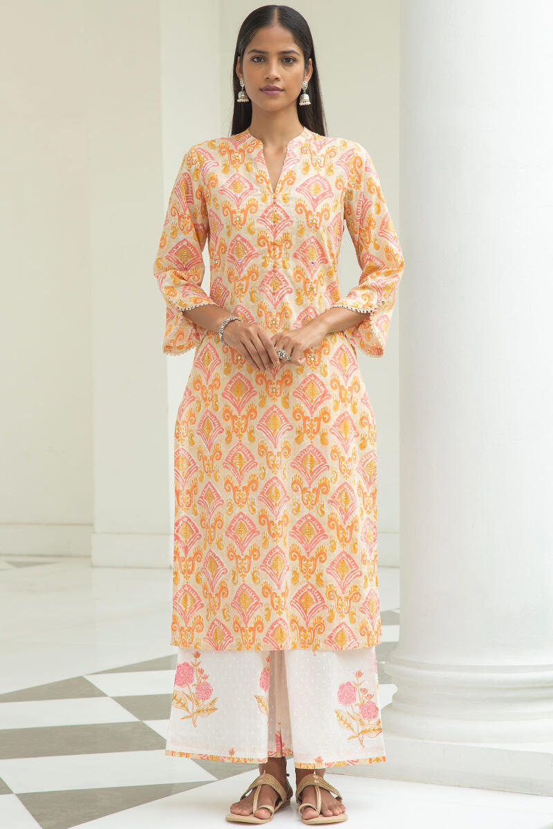 Orange Block Printed Straight Cotton Dobby Kurta