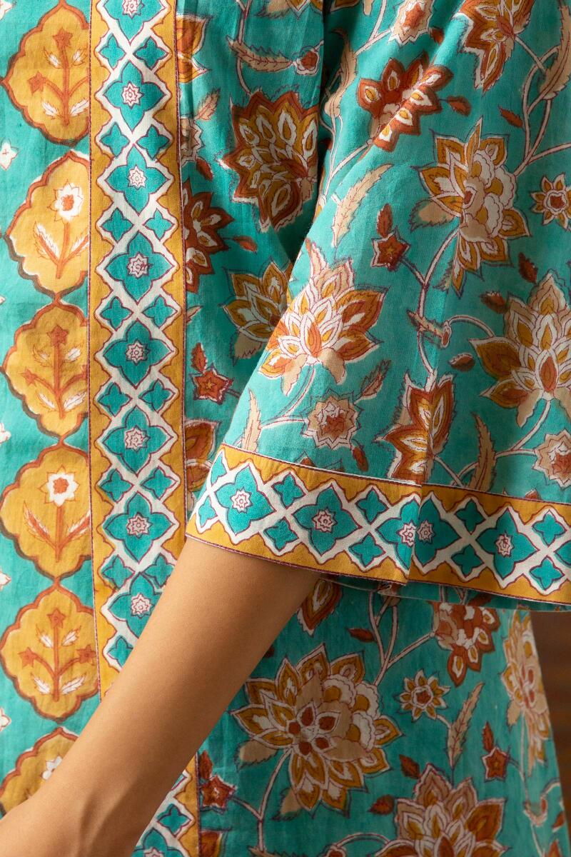 Turquoise Block Printed Cotton Kimono