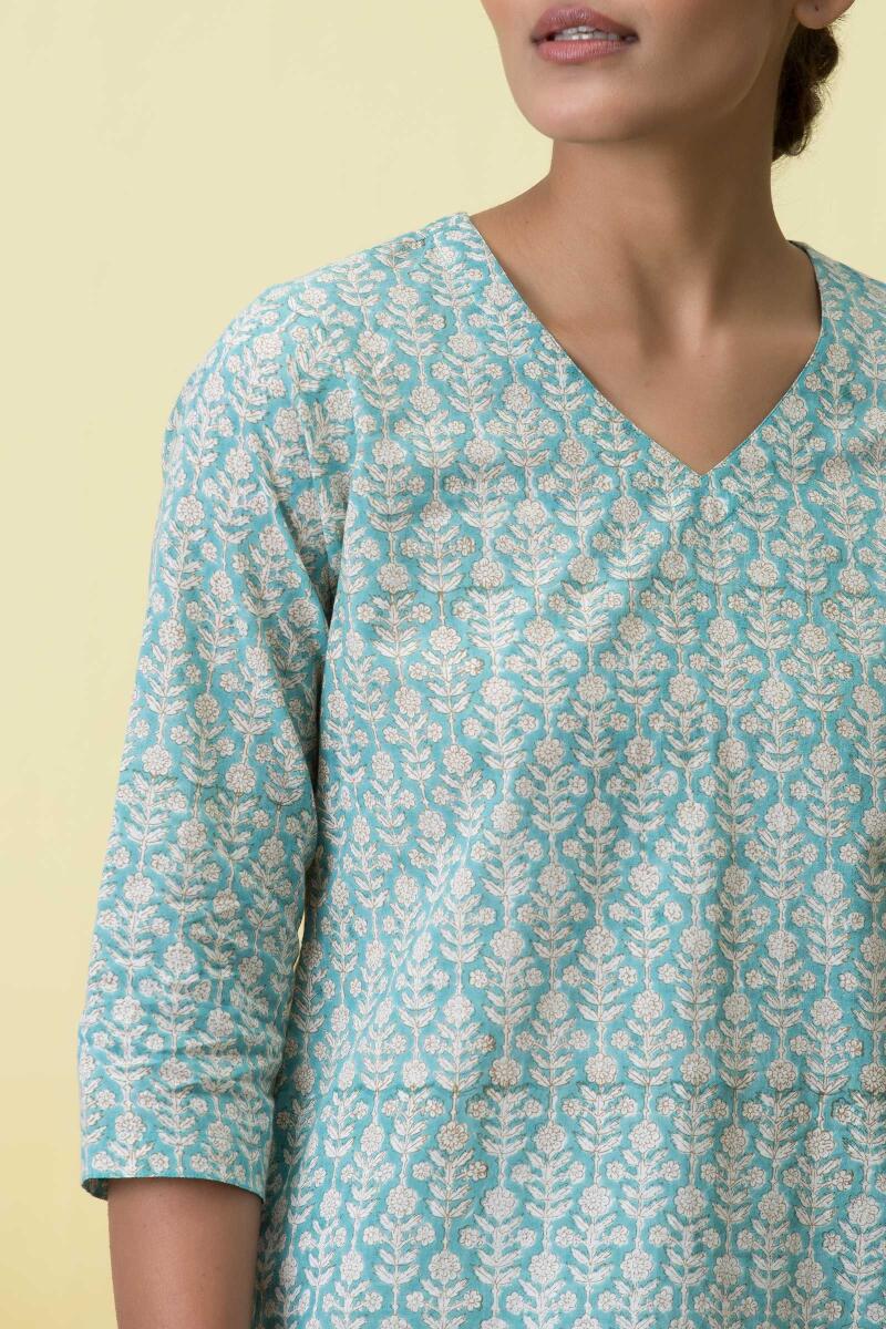 Blue Block Printed Cotton Pyjama Set